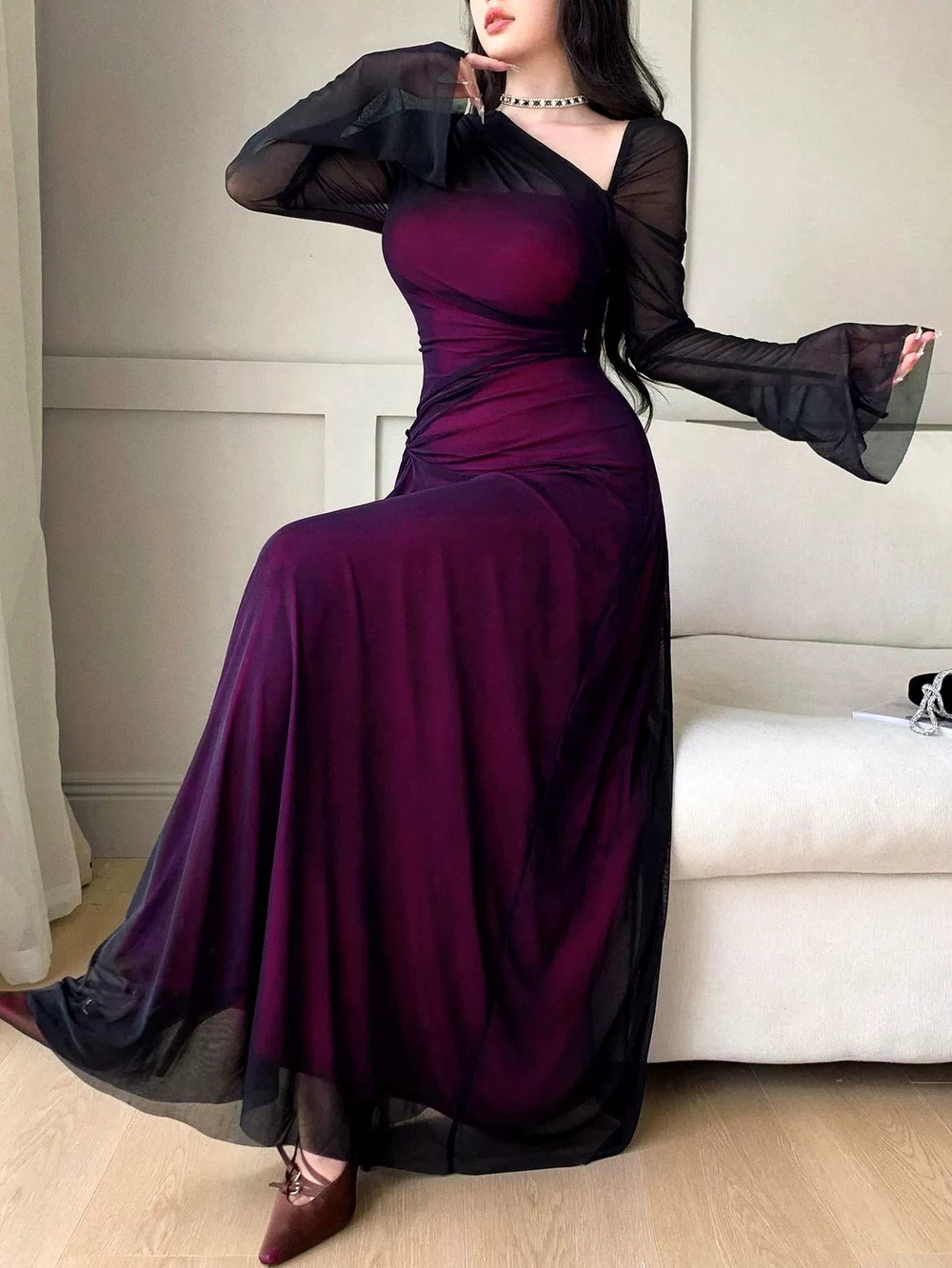 Zara Purple Black Mesh Off Shoulder Bell Sleeve Retro Twisted Waist Flared Maxi